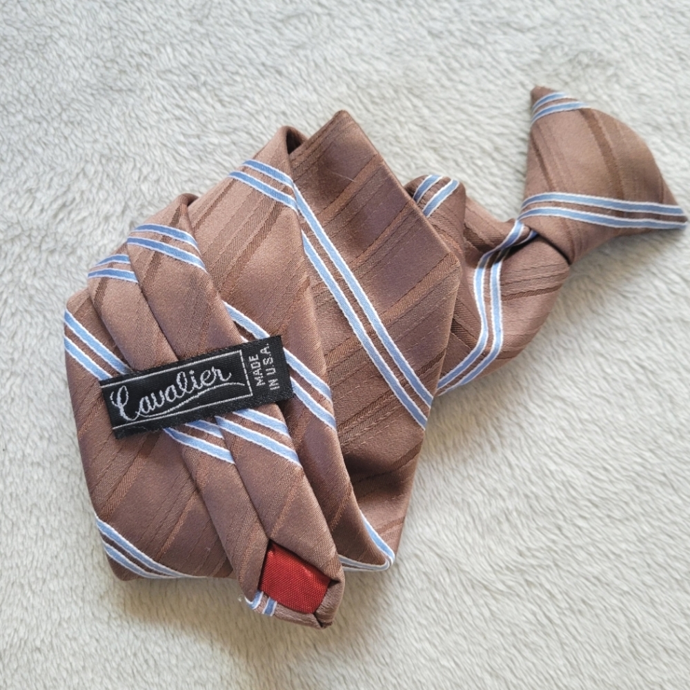 Vintage Cavalier Clip-On Tie Brown Blue Striped Clip Necktie Made In USA